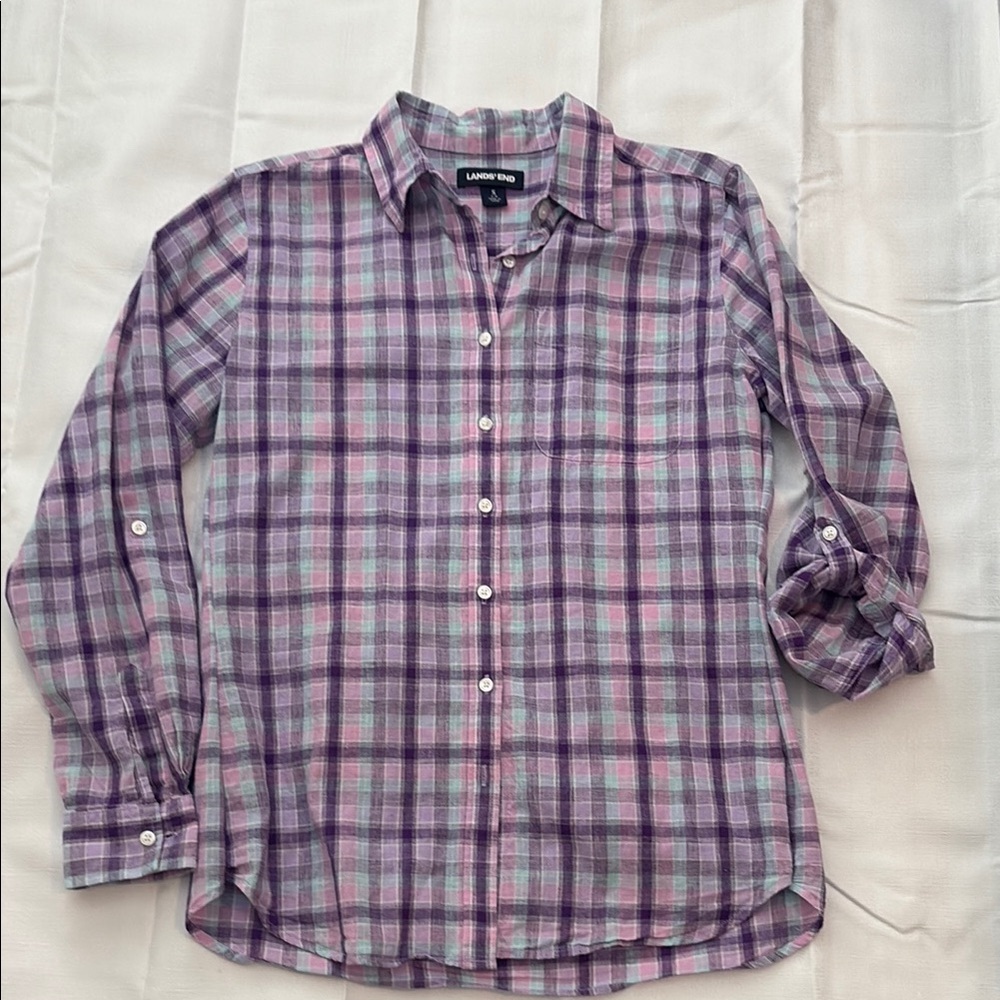 Lands' End Women's Pink and Purple Plaid Button Down Shirt